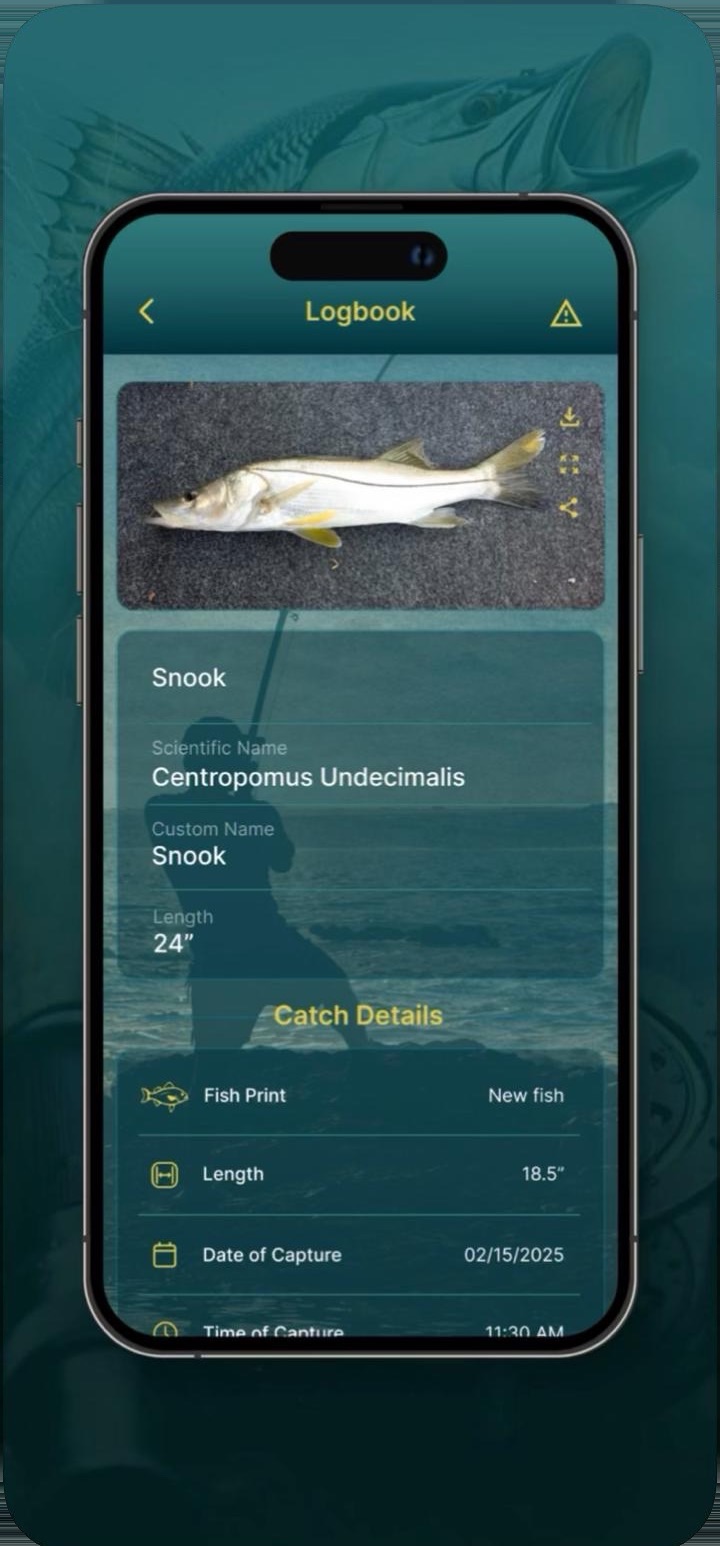 Catch detail screen for a Snook, showing its scientific name, length and Fish Print status