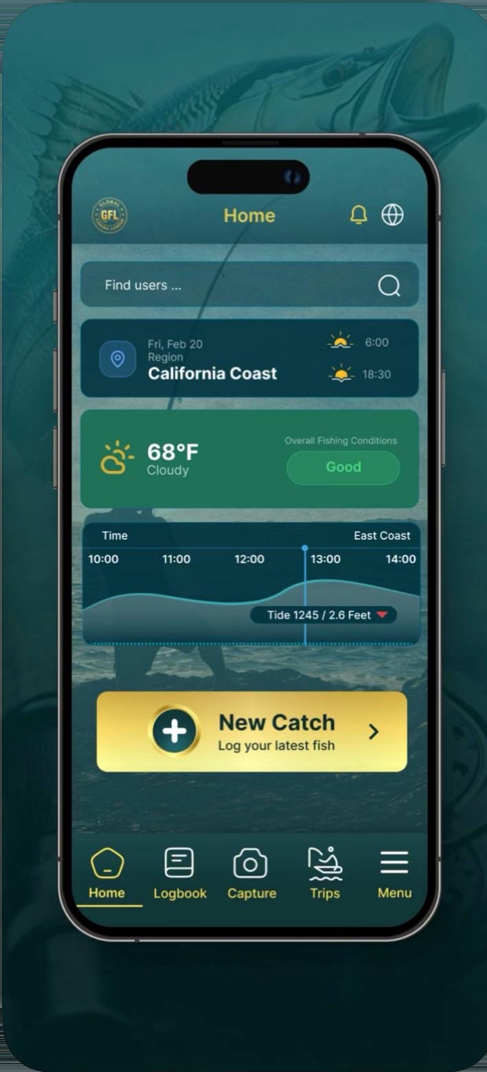 App home screen showing California Coast conditions: 68°F cloudy, a tide chart, sunrise and sunset times, and a New Catch button