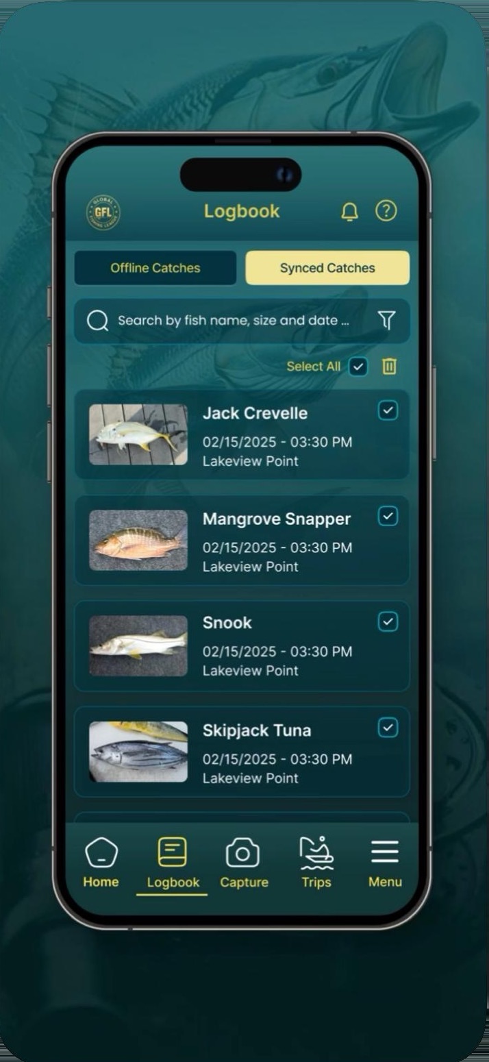 Logbook screen listing catches with photos, dates and locations, plus a search field