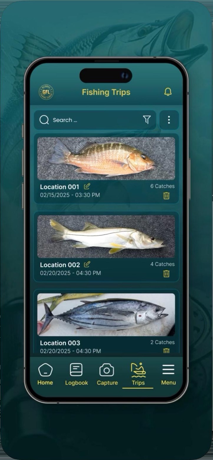 Fishing Trips screen showing trips grouped by location with catch counts