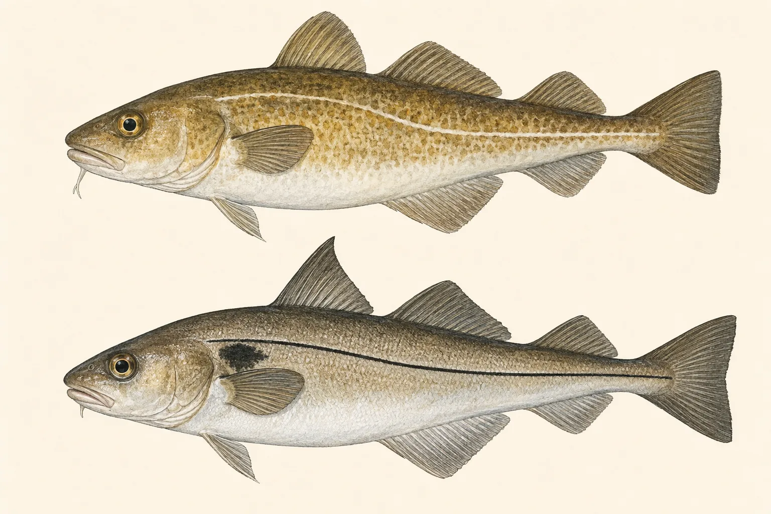Atlantic Cod above and Haddock below, illustrated in profile on an ivory background.