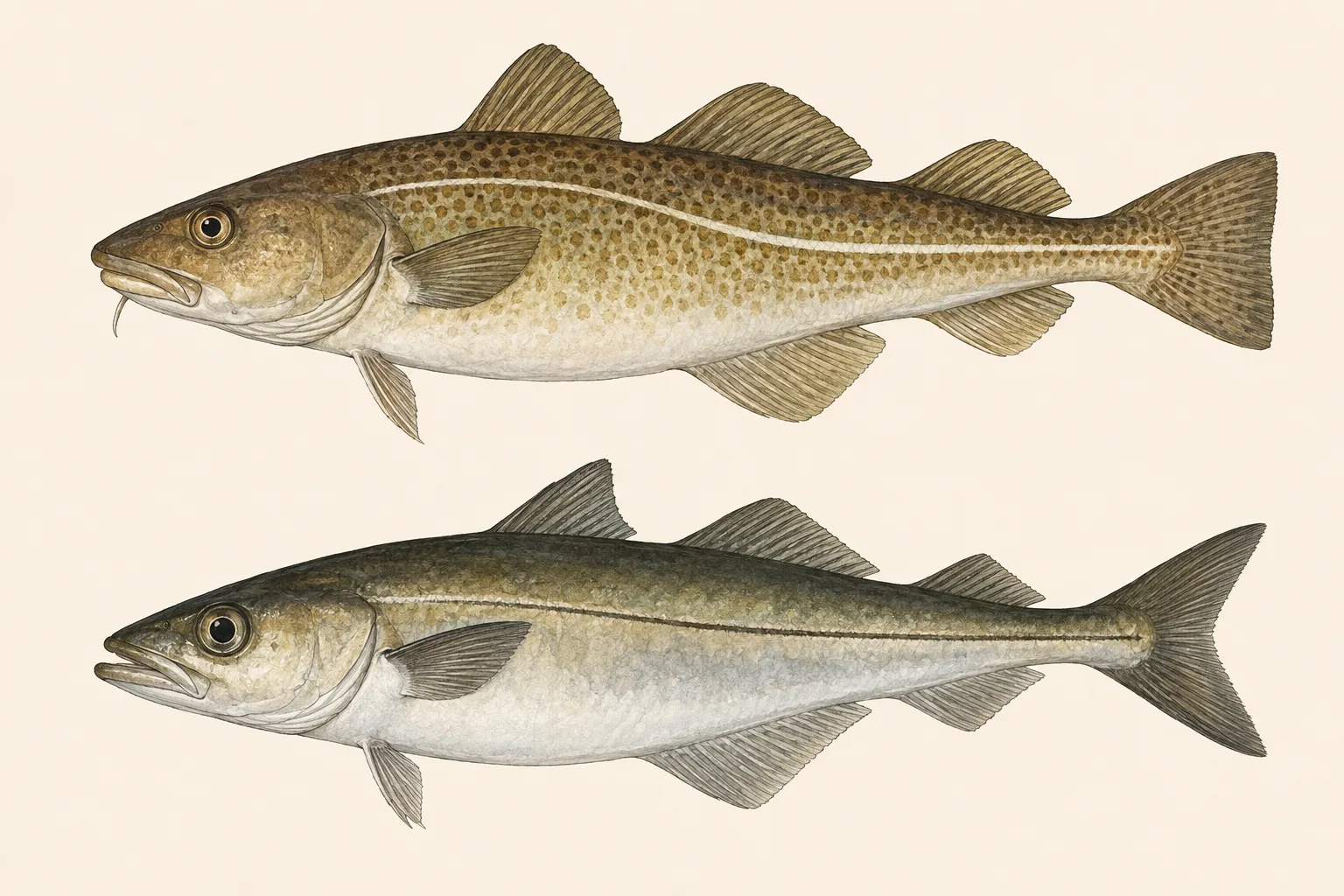 Atlantic Cod above and Pollock below, illustrated in profile on an ivory background.