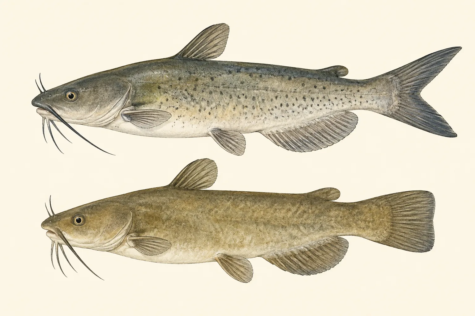 Channel Catfish above and Brown Bullhead Catfish below, illustrated in profile on an ivory background.