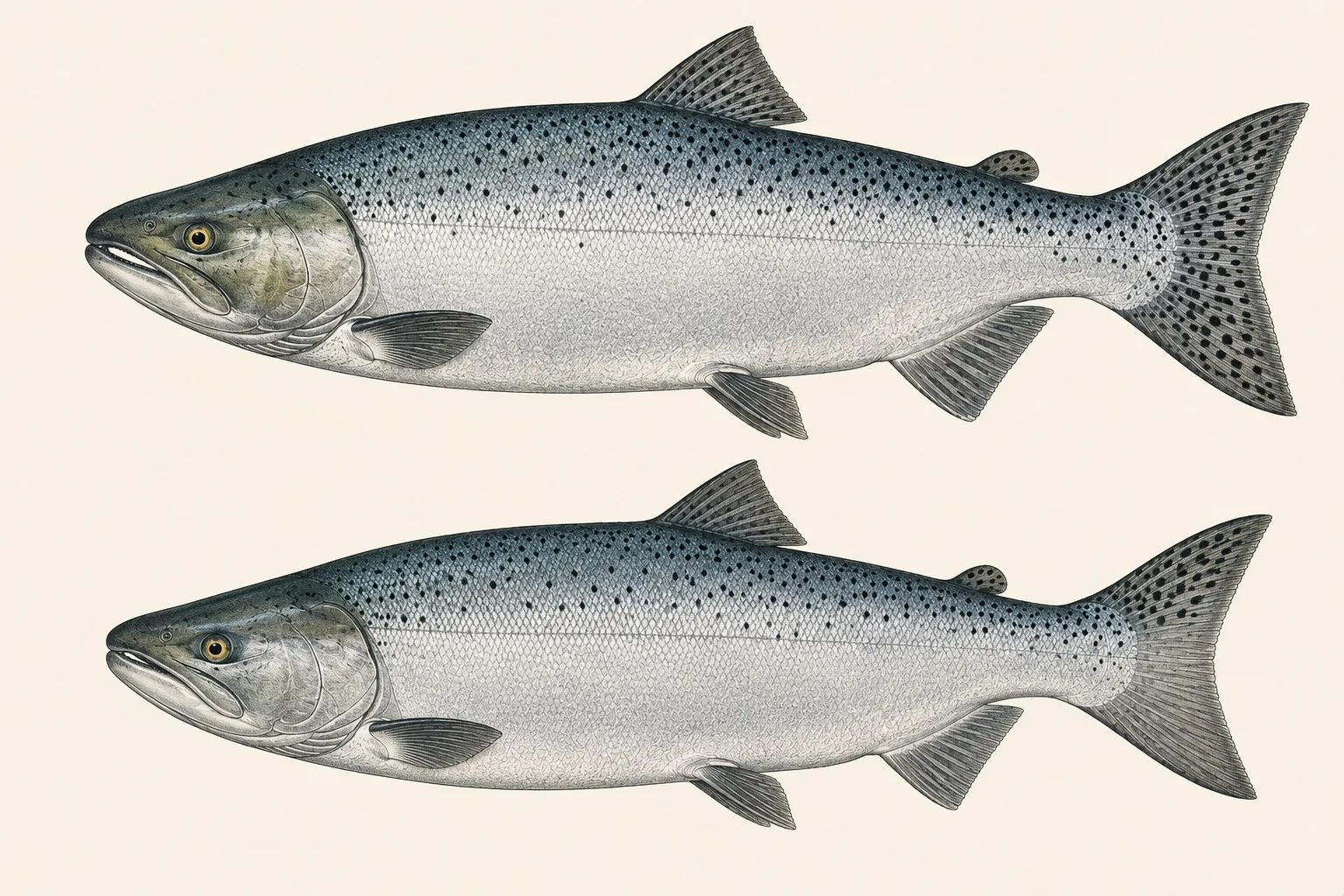 Chinook Salmon above and Coho Salmon below, illustrated in profile on an ivory background.