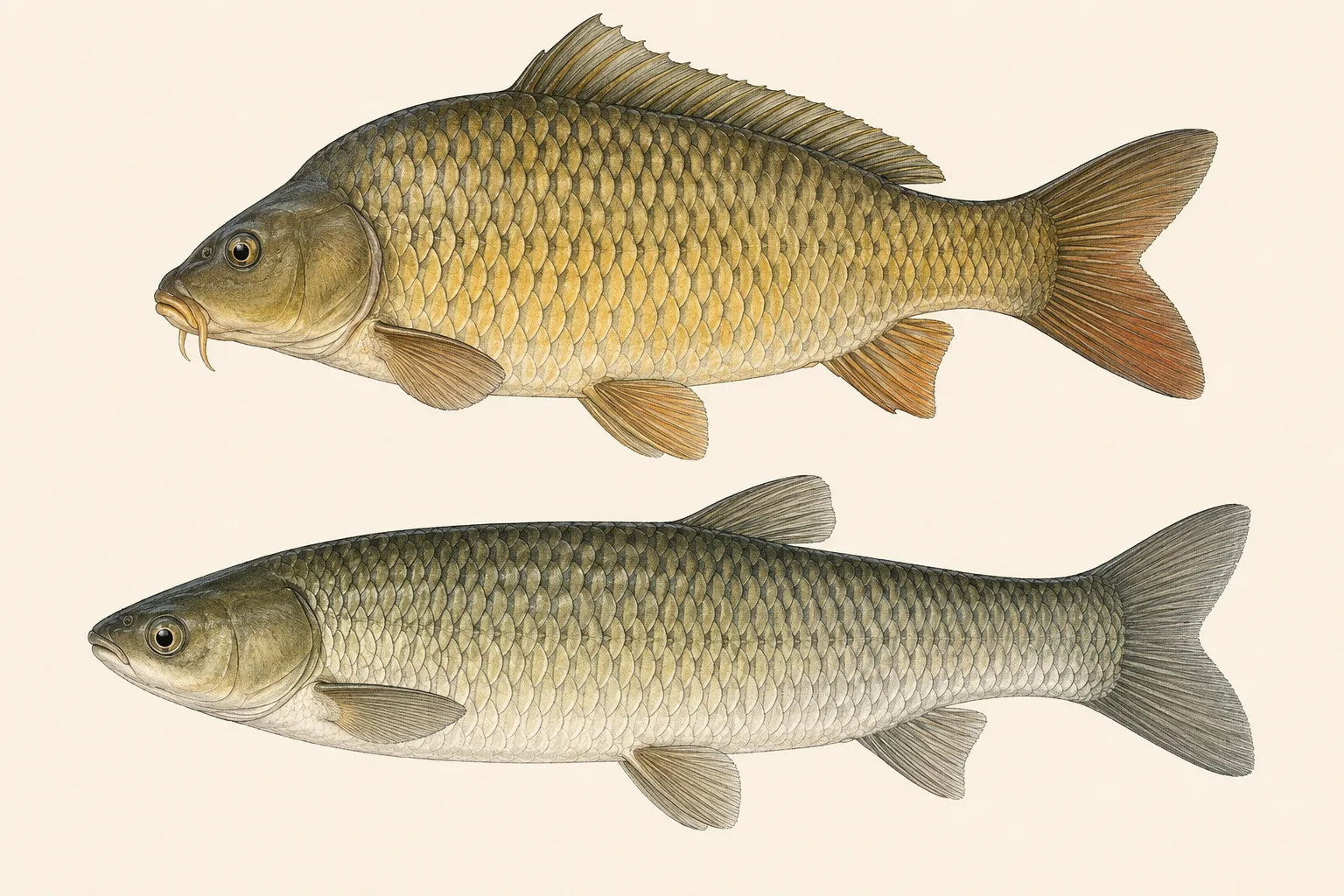 Common Carp above and Grass Carp below, illustrated in profile on an ivory background.