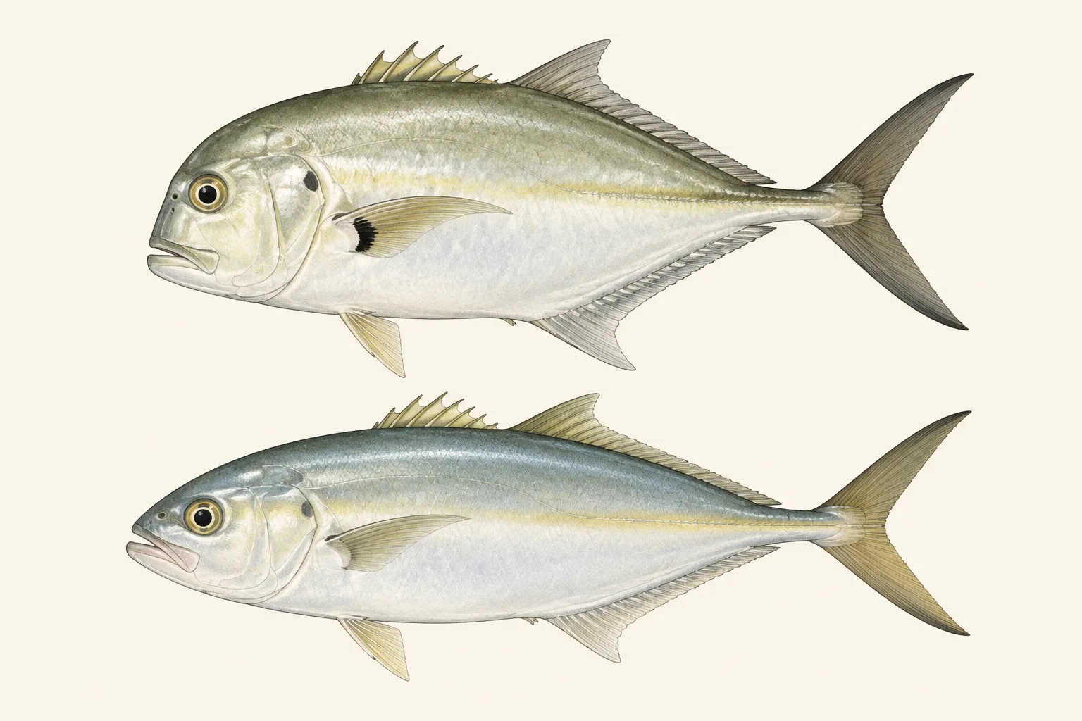 Crevalle Jack above and Blue Runner below, illustrated in profile on an ivory background.