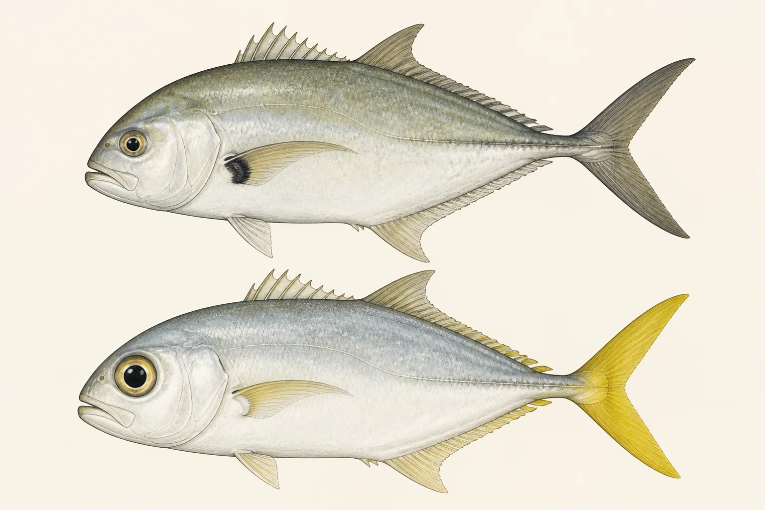 Crevalle Jack above and Horse-eye Jack below, illustrated in profile on an ivory background.