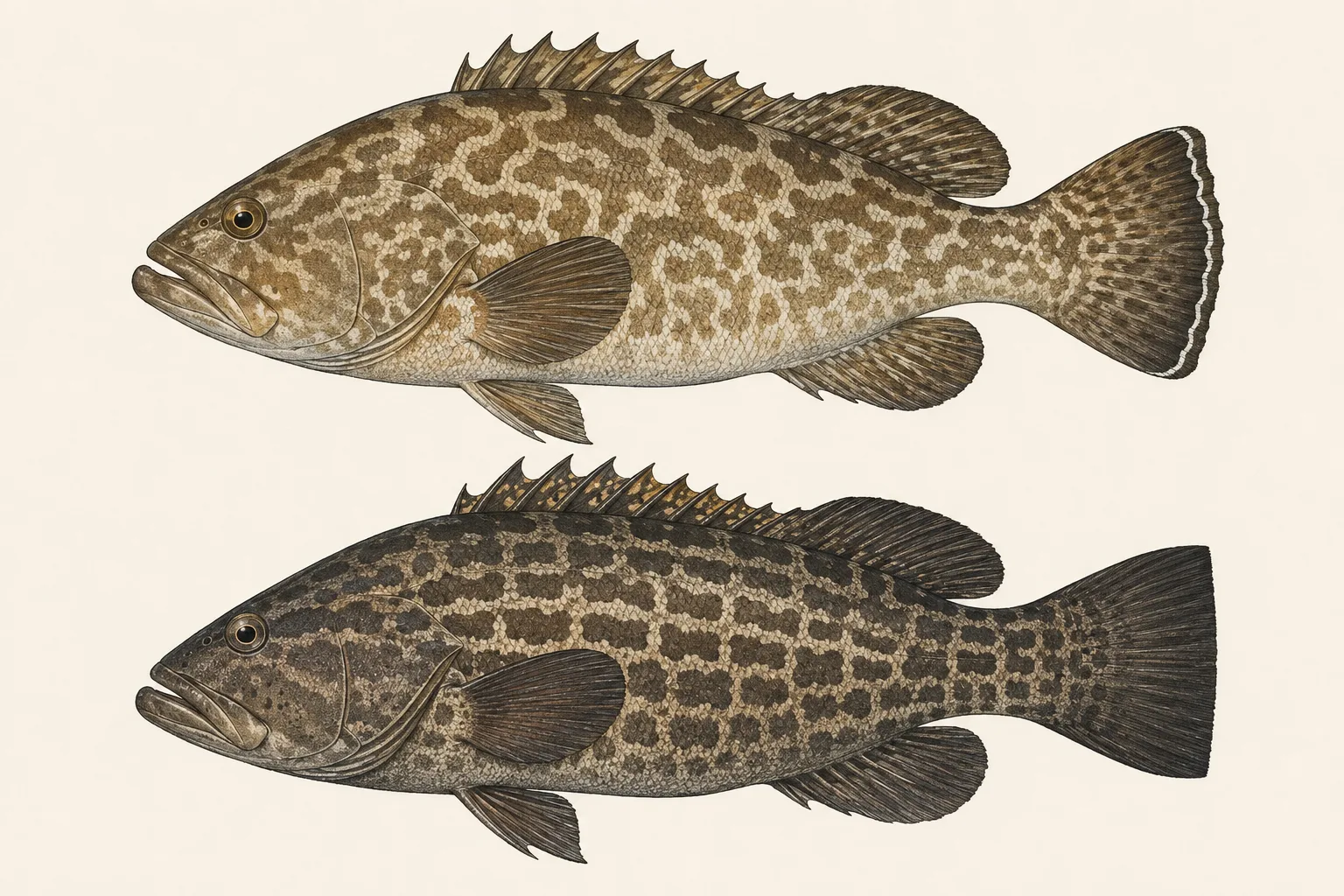 Gag Grouper above and Black Grouper below, illustrated in profile on an ivory background.