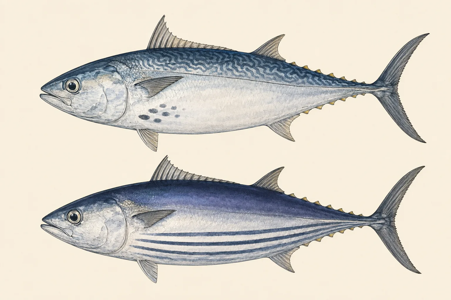 Little Tunny above and Skipjack Tuna below, illustrated in profile on an ivory background.