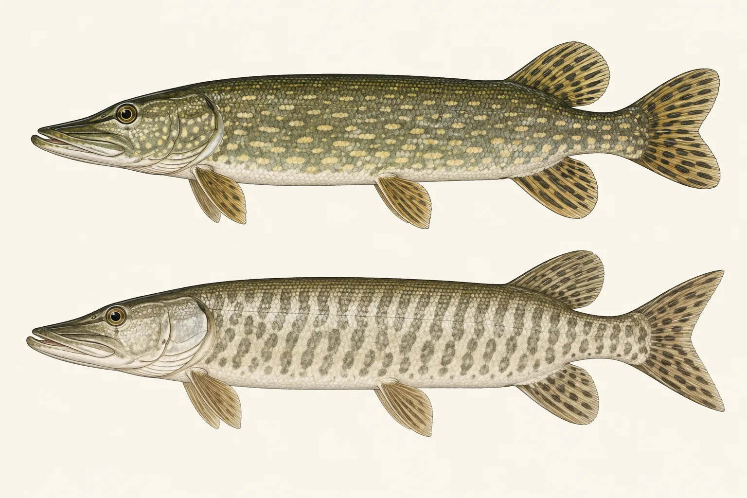 Northern Pike above and Muskellunge below, illustrated in profile on an ivory background.