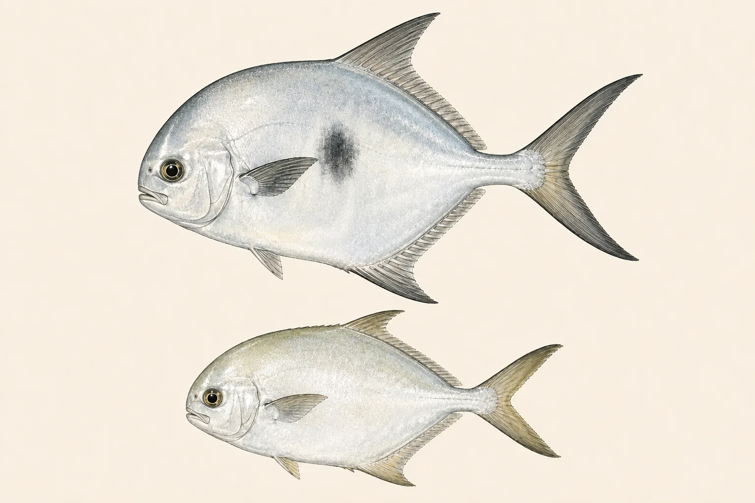 Permit above and Pompano below, illustrated in profile on an ivory background.