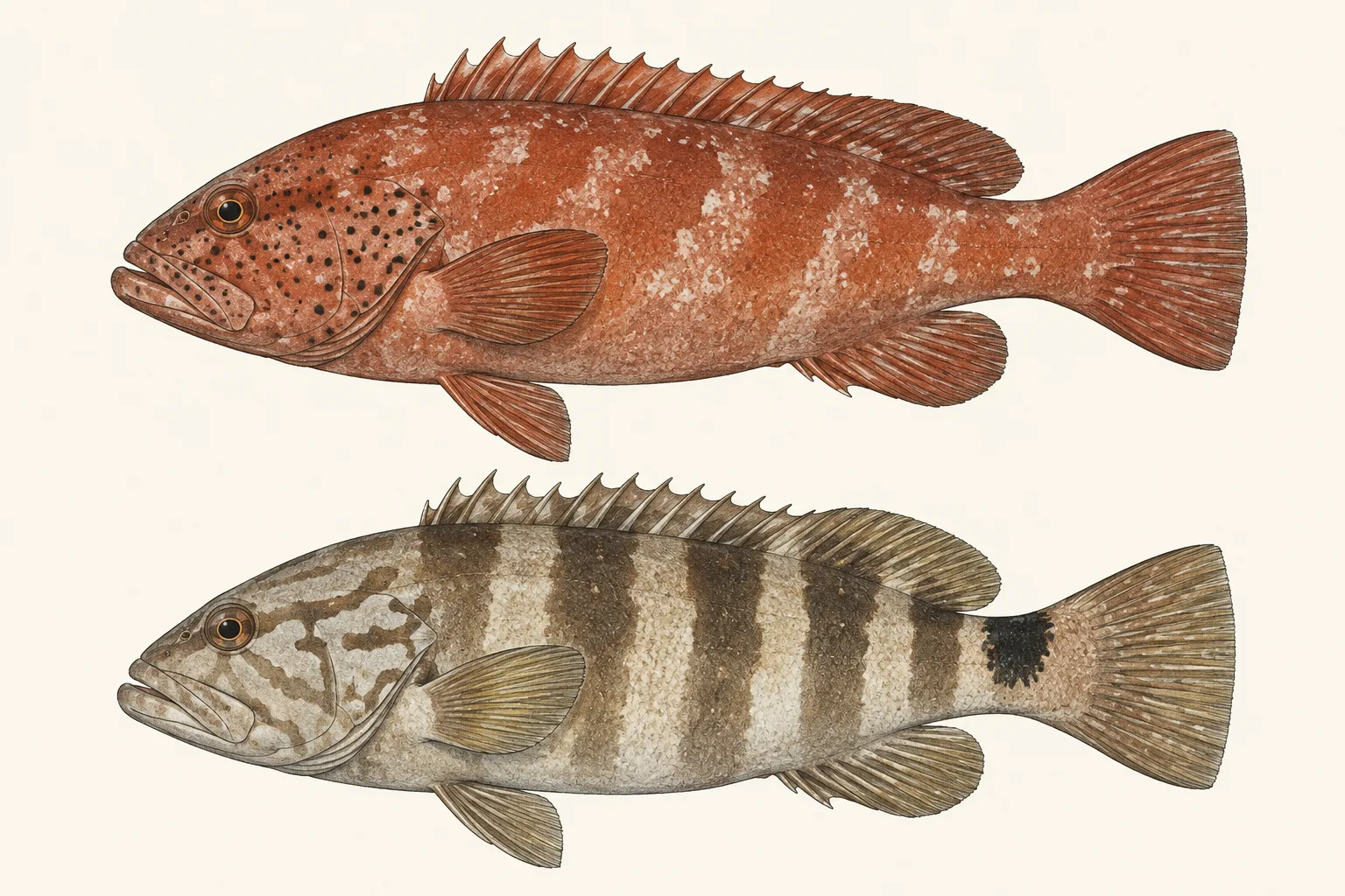 Red Grouper above and Nassau Grouper below, illustrated in profile on an ivory background.