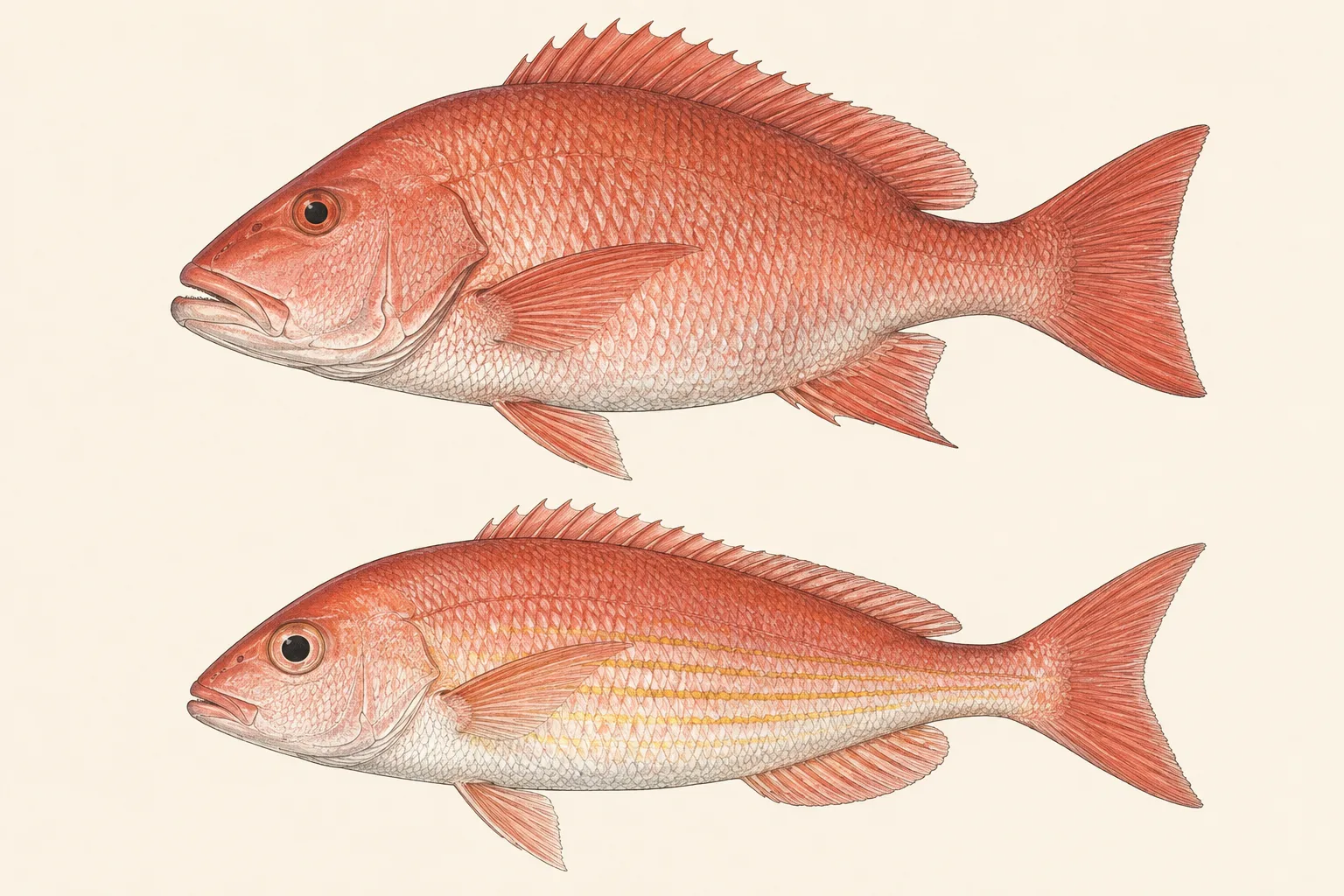 Red Snapper above and Vermilion Snapper below, illustrated in profile on an ivory background.
