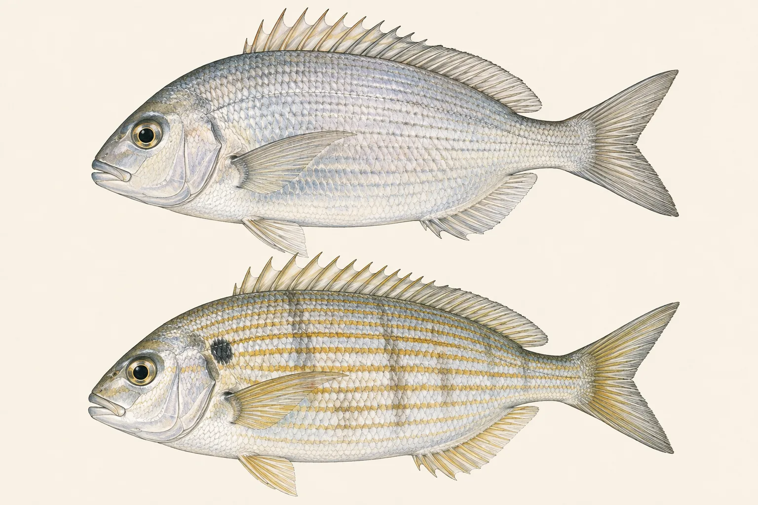 Scup above and Pinfish below, illustrated in profile on an ivory background.