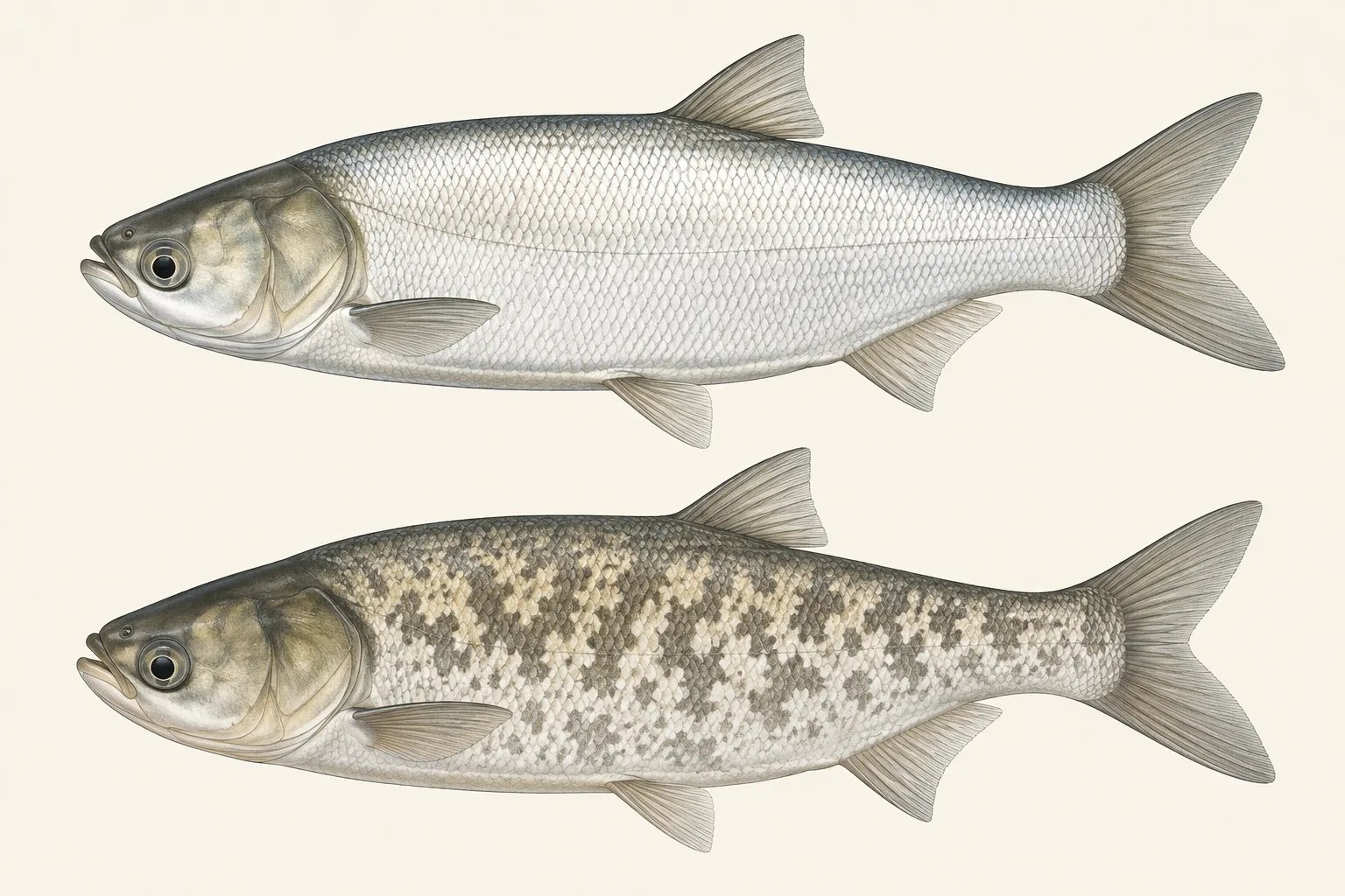 Silver Carp above and Bighead Carp below, illustrated in profile on an ivory background.