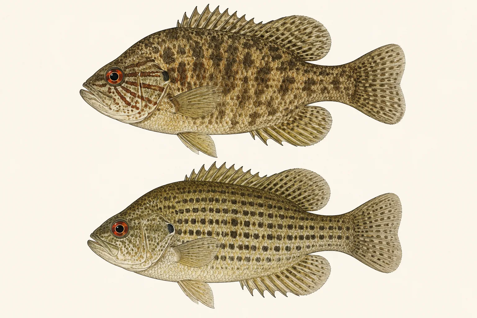Warmouth above and Rock Bass below, illustrated in profile on an ivory background.
