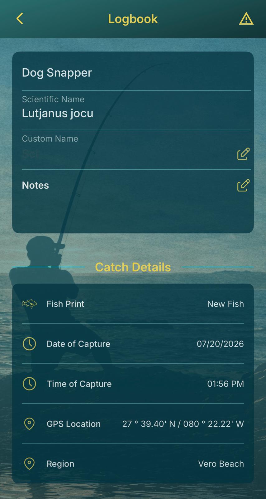 Catch detail for a Dog Snapper showing scientific name, Fish Print, GPS location and region