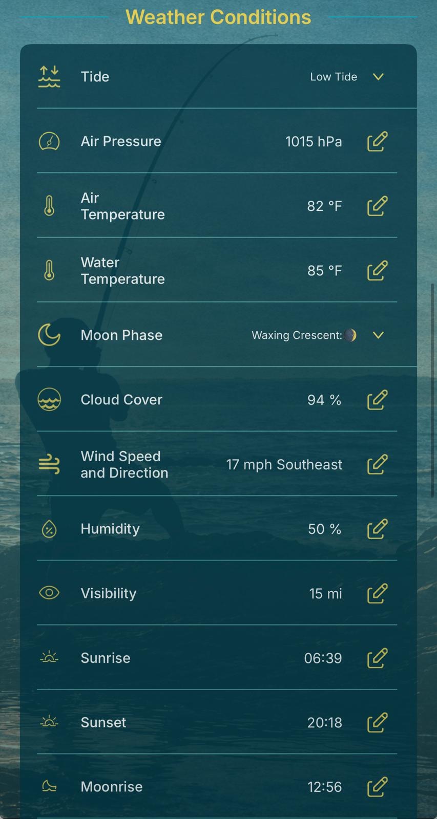 Weather conditions recorded with the catch: tide, air pressure, temperatures, moon phase, cloud cover, wind, humidity, visibility, sunrise and sunset