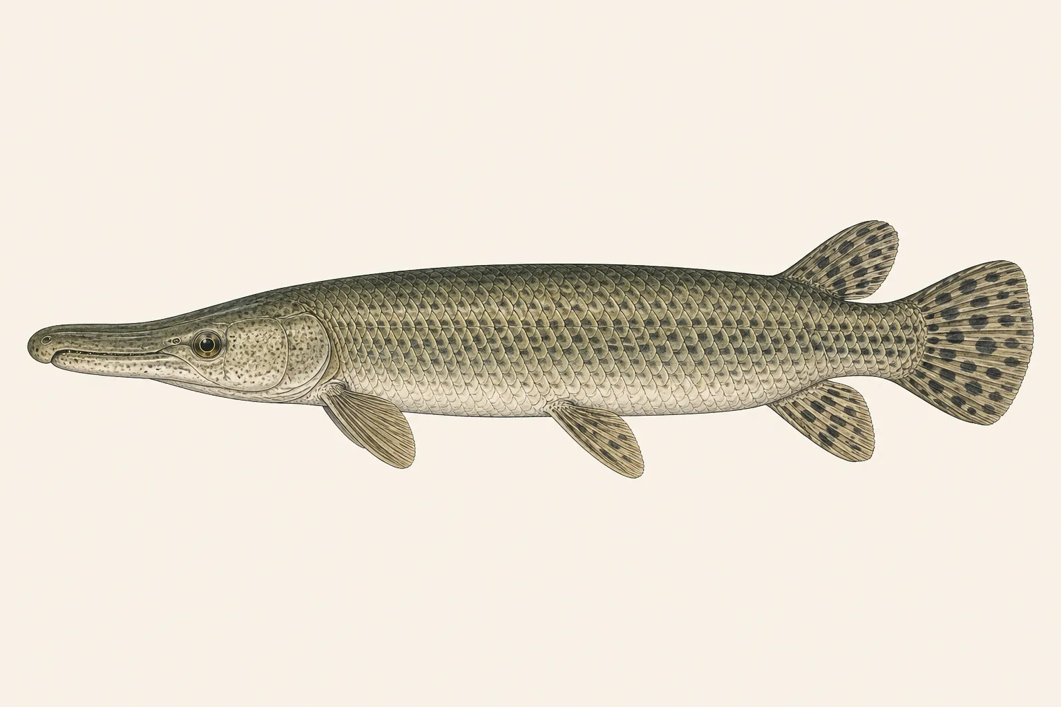 Alligator Gar (Atractosteus spatula), illustrated in profile with the head facing left.