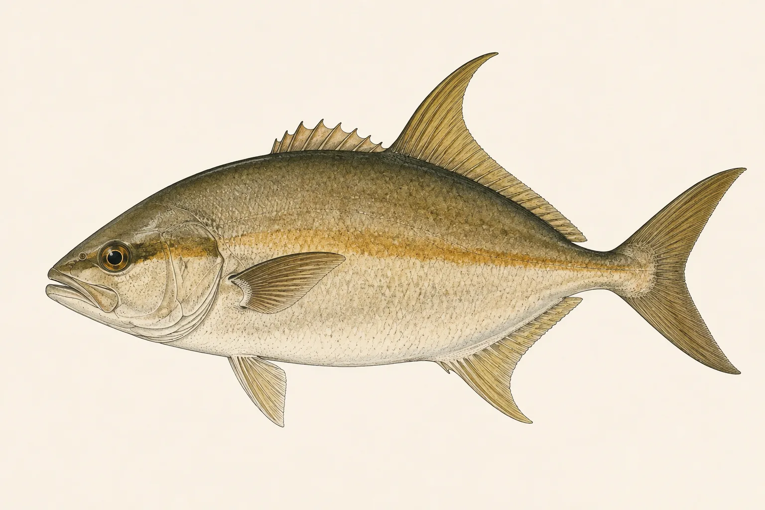 Almaco Jack (Seriola rivoliana), illustrated in profile with the head facing left.