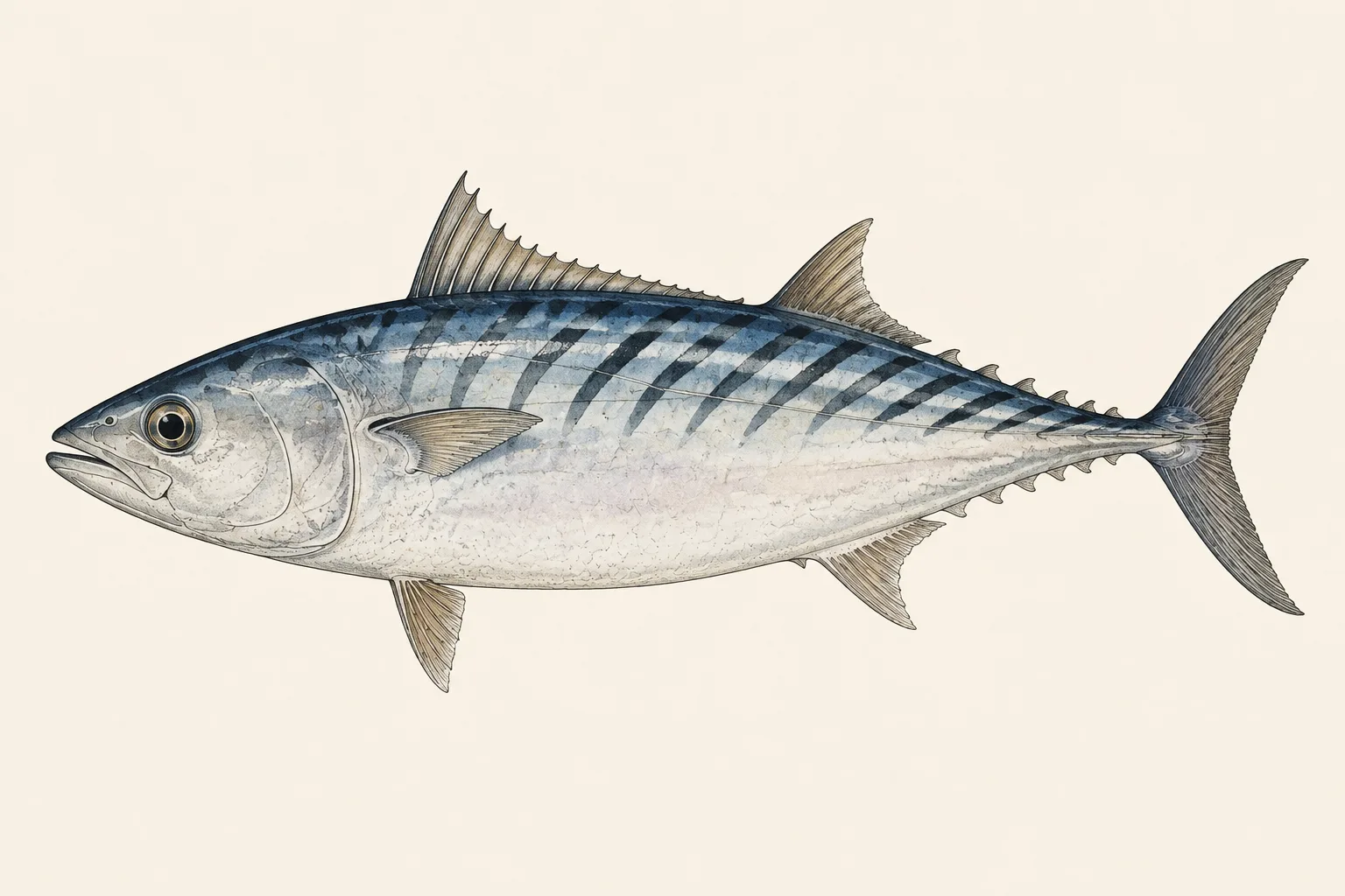 Atlantic Bonito (Sarda sarda), illustrated in profile with the head facing left.
