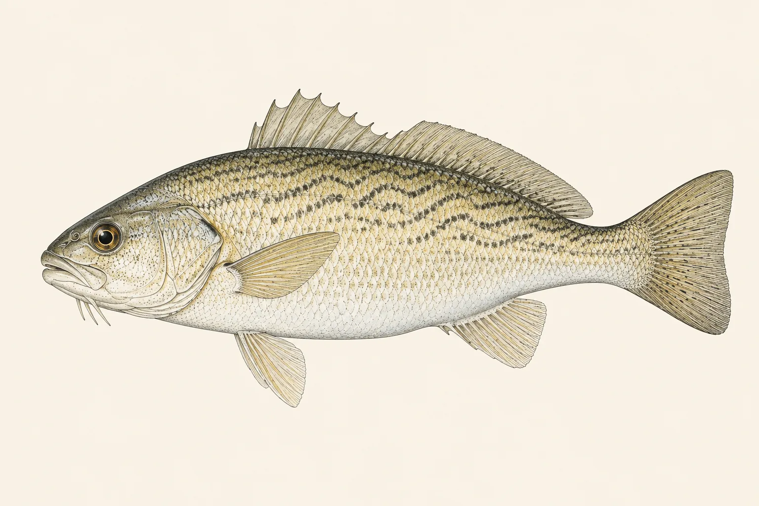 Atlantic Croaker (Micropogonias undulatus), illustrated in profile with the head facing left.