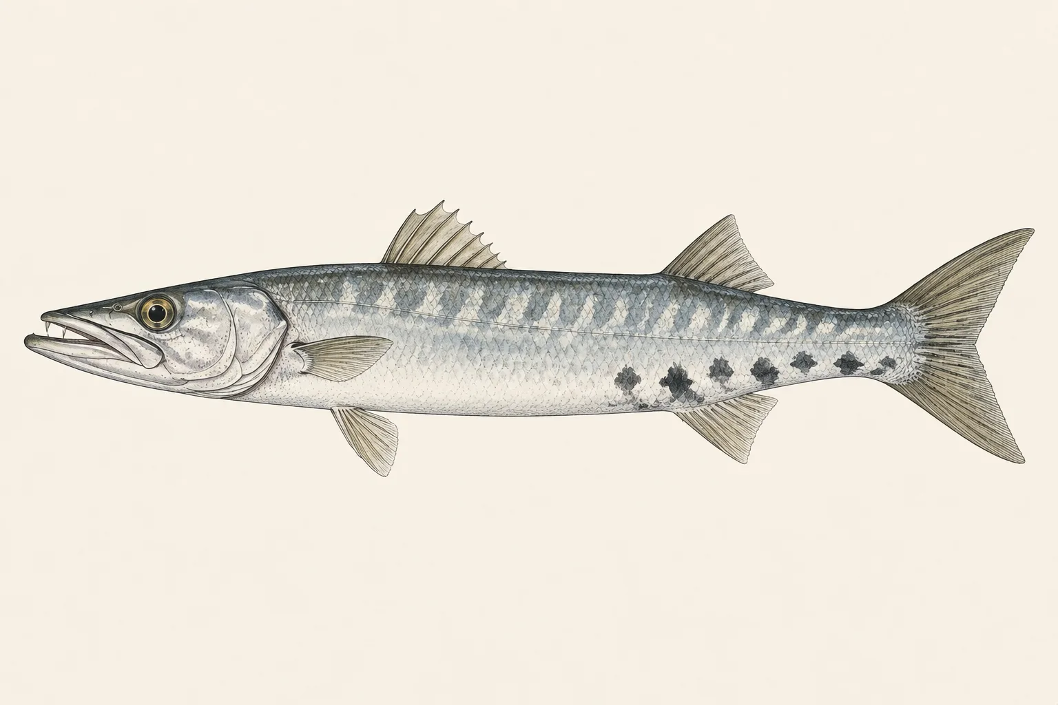 Barracuda (Sphyraena barracuda), illustrated in profile with the head facing left.