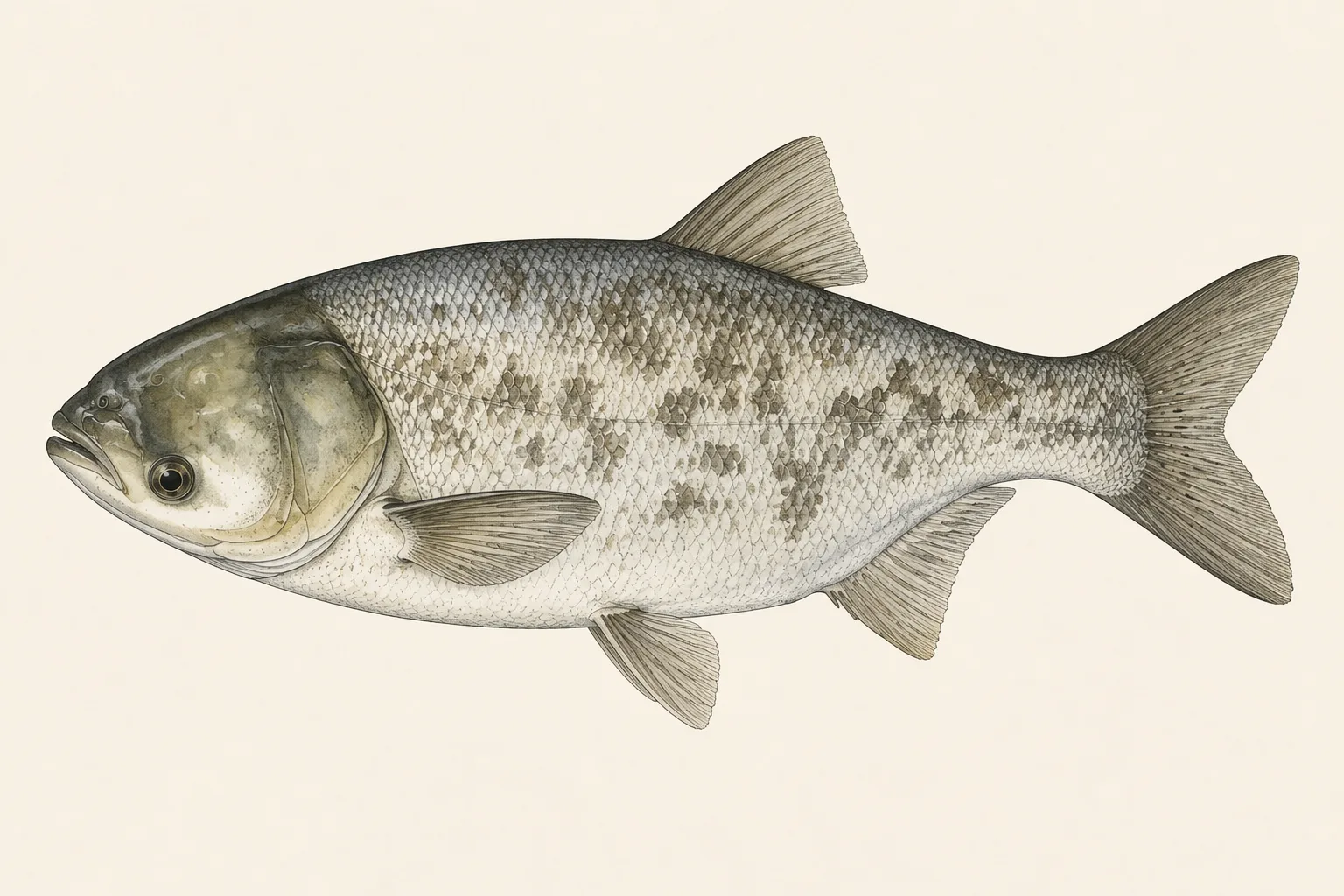 Bighead Carp (Hypophthalmichthys nobilis), illustrated in profile with the head facing left.