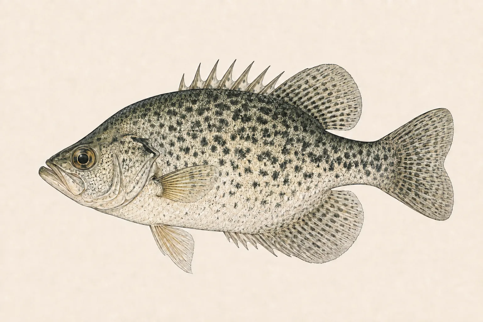 Black Crappie (Pomoxis nigromaculatus), illustrated in profile with the head facing left.