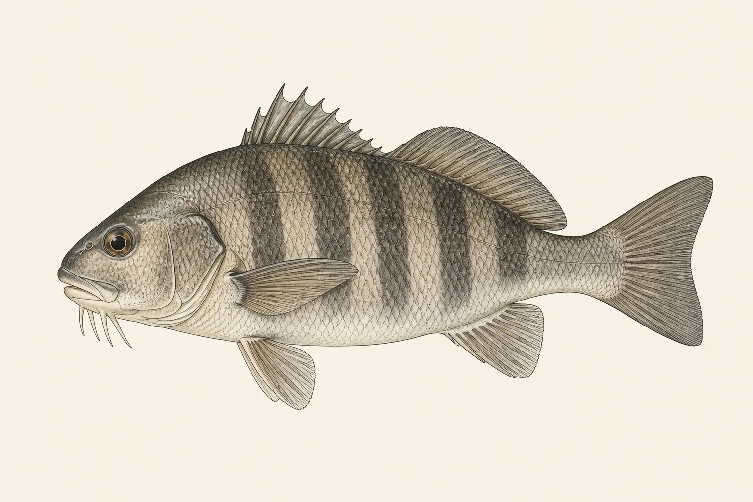 Black Drum (Pogonias cromis), illustrated in profile with the head facing left.