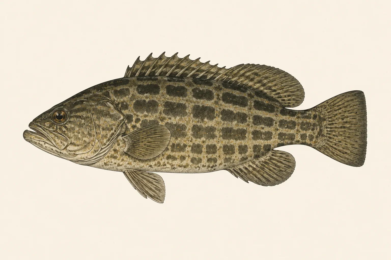 Black Grouper (Mycteroperca bonaci), illustrated in profile with the head facing left.