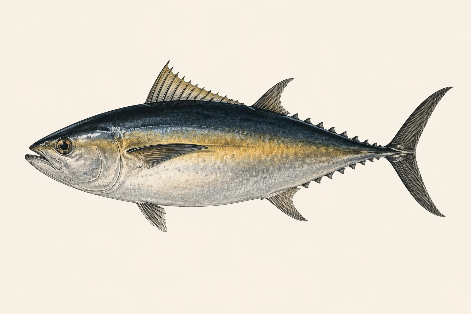 Blackfin Tuna (Thunnus atlanticus), illustrated in profile with the head facing left.