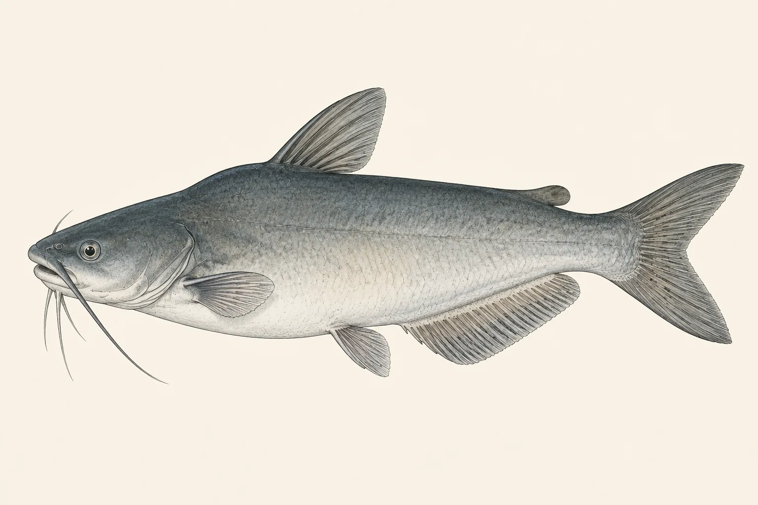 Blue Catfish (Ictalurus furcatus), illustrated in profile with the head facing left.