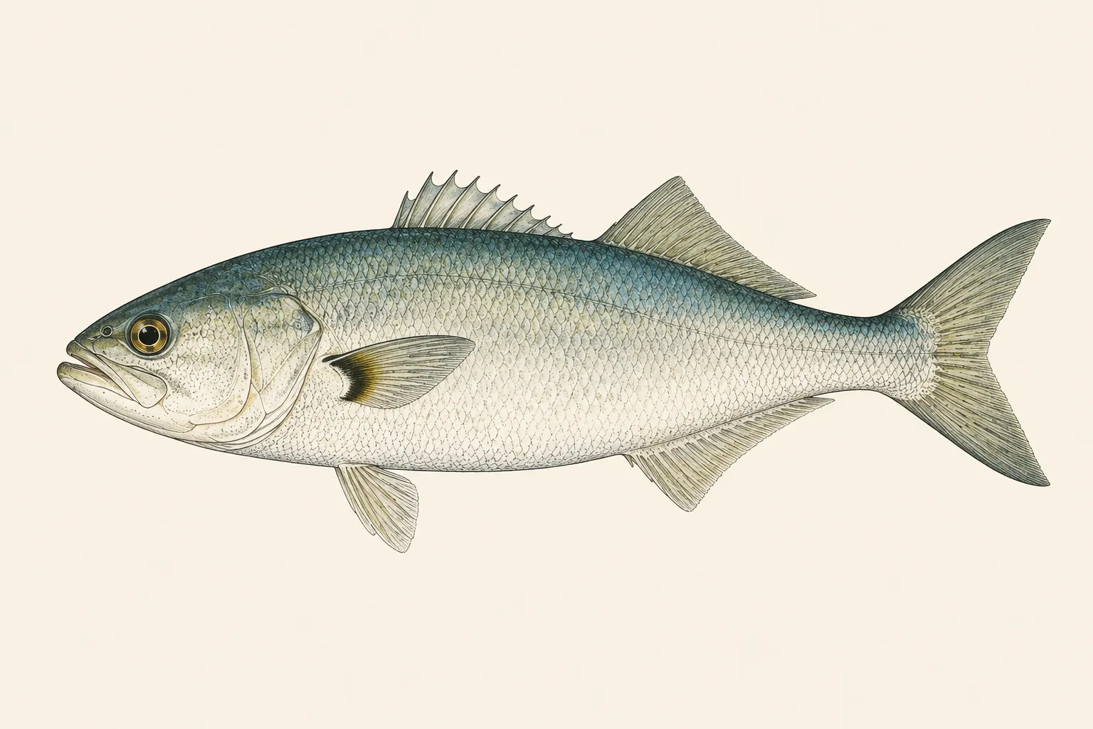 Bluefish (Pomatomus saltatrix), illustrated in profile with the head facing left.
