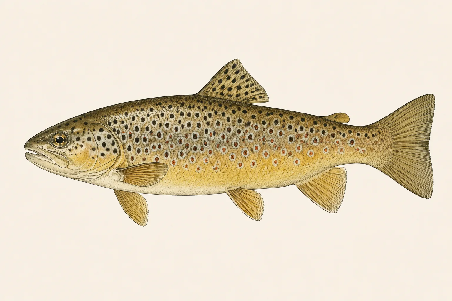 Brown Trout (Salmo trutta), illustrated in profile with the head facing left.