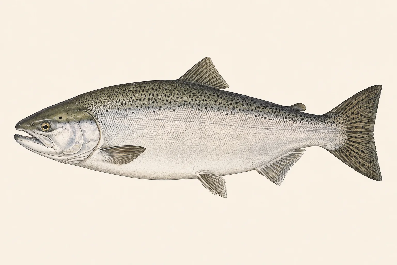 Chinook Salmon (Oncorhynchus tshawytscha), illustrated in profile with the head facing left.