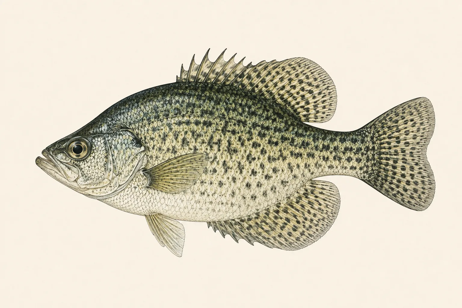 Crappie (Pomoxis spp.), illustrated in profile with the head facing left.
