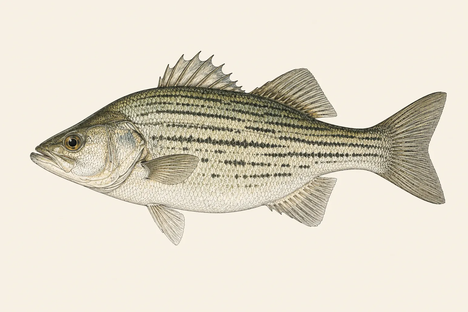 Hybrid Striped Bass (Morone saxatilis × Morone chrysops), illustrated in profile with the head facing left.