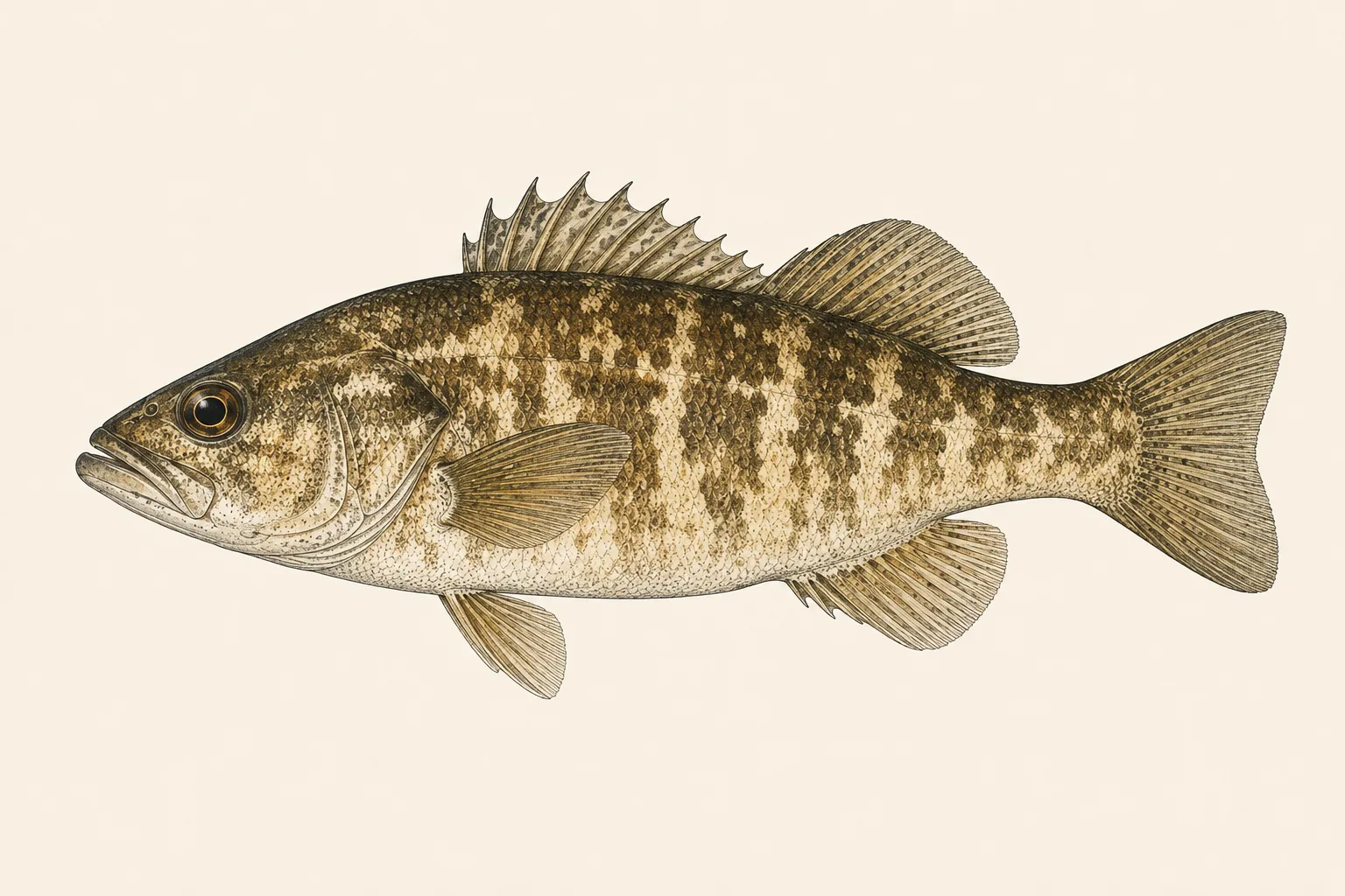 Kelp Bass (Paralabrax clathratus), illustrated in profile with the head facing left.