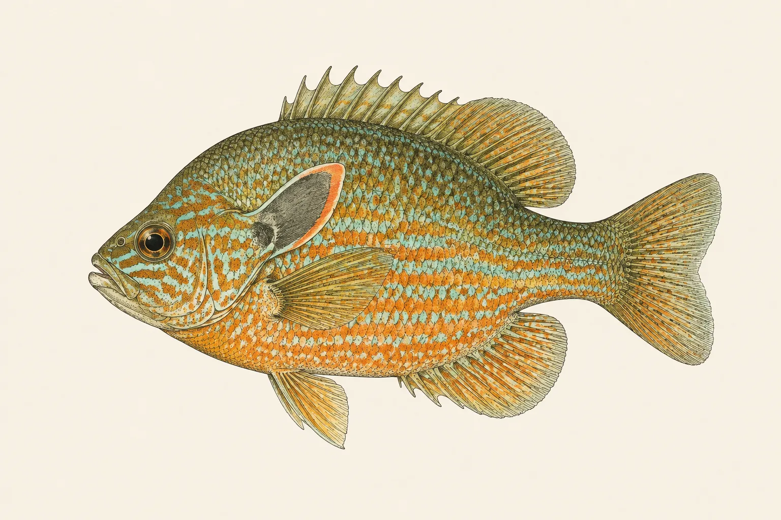 Longear Sunfish (Lepomis megalotis), illustrated in profile with the head facing left.