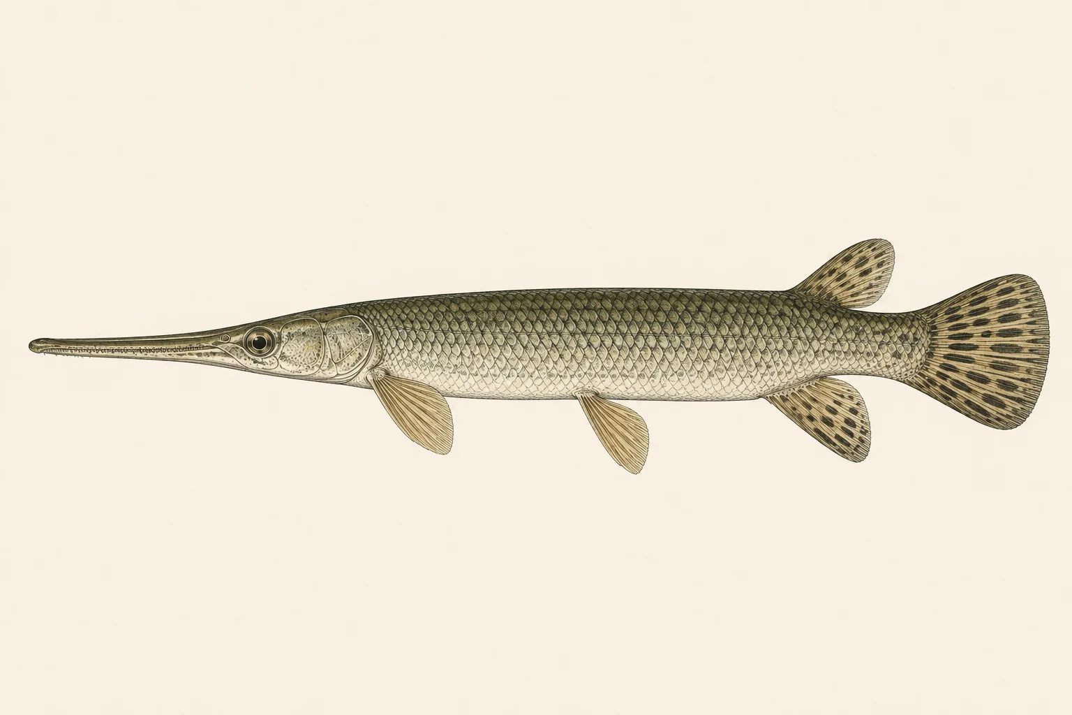 Longnose Gar (Lepisosteus osseus), illustrated in profile with the head facing left.