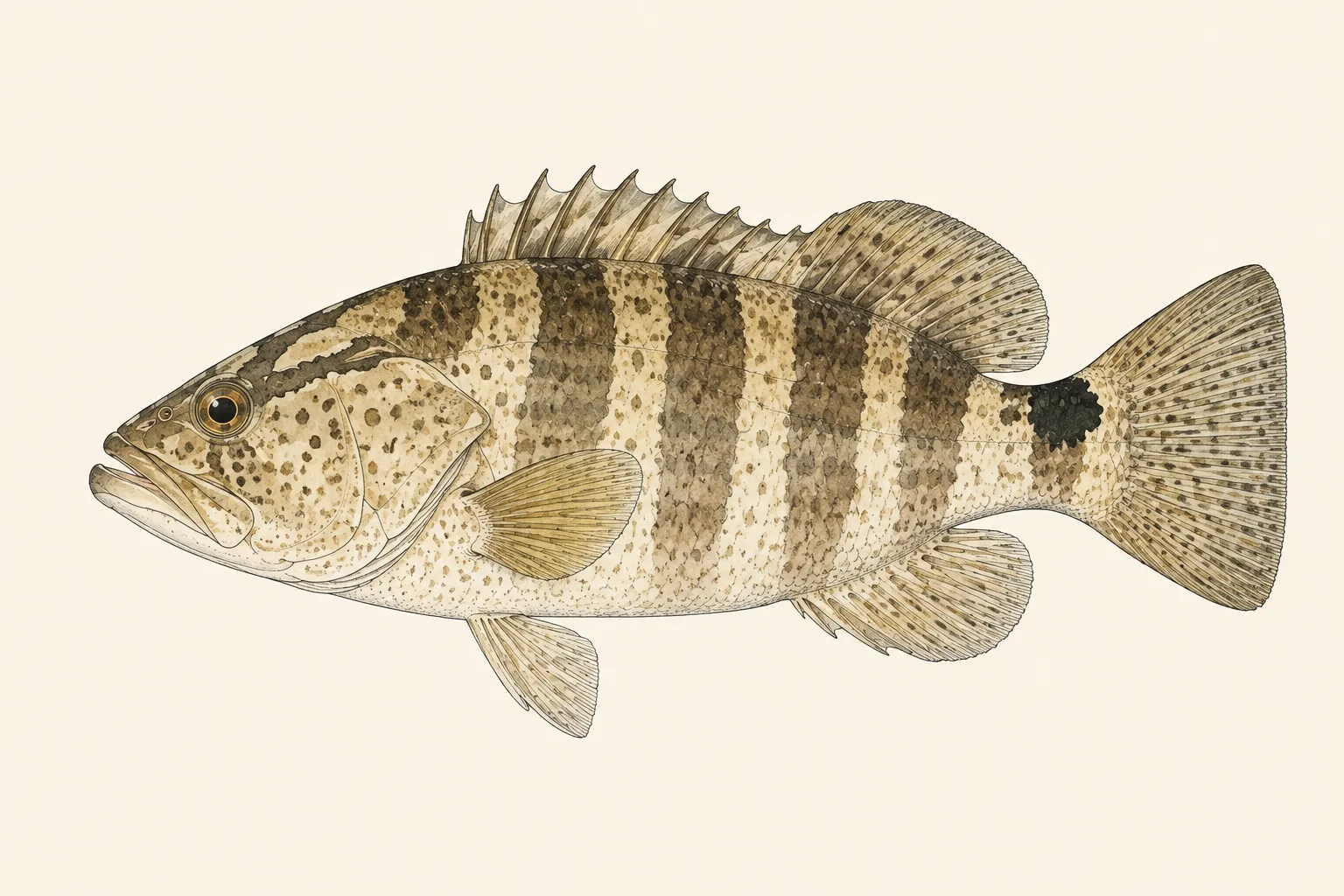 Nassau Grouper (Epinephelus striatus), illustrated in profile with the head facing left.