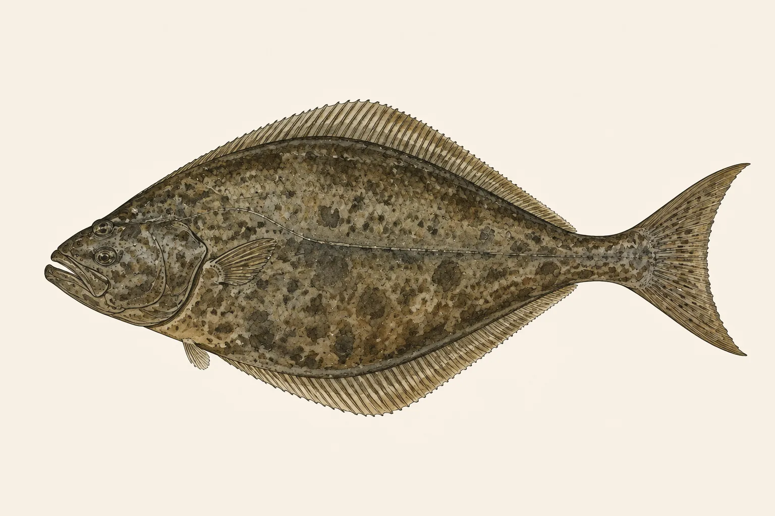 Pacific Halibut (Hippoglossus stenolepis), illustrated from the pigmented eyed side with the head facing left.
