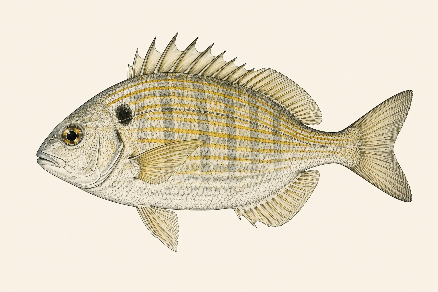 Pinfish (Lagodon rhomboides), illustrated in profile with the head facing left.