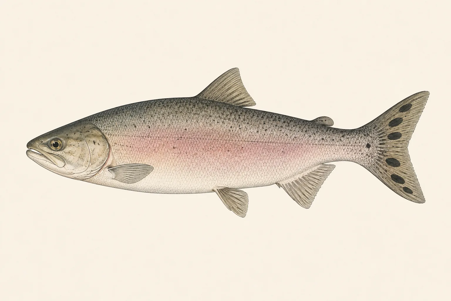 Pink Salmon (Oncorhynchus gorbuscha), illustrated in profile with the head facing left.