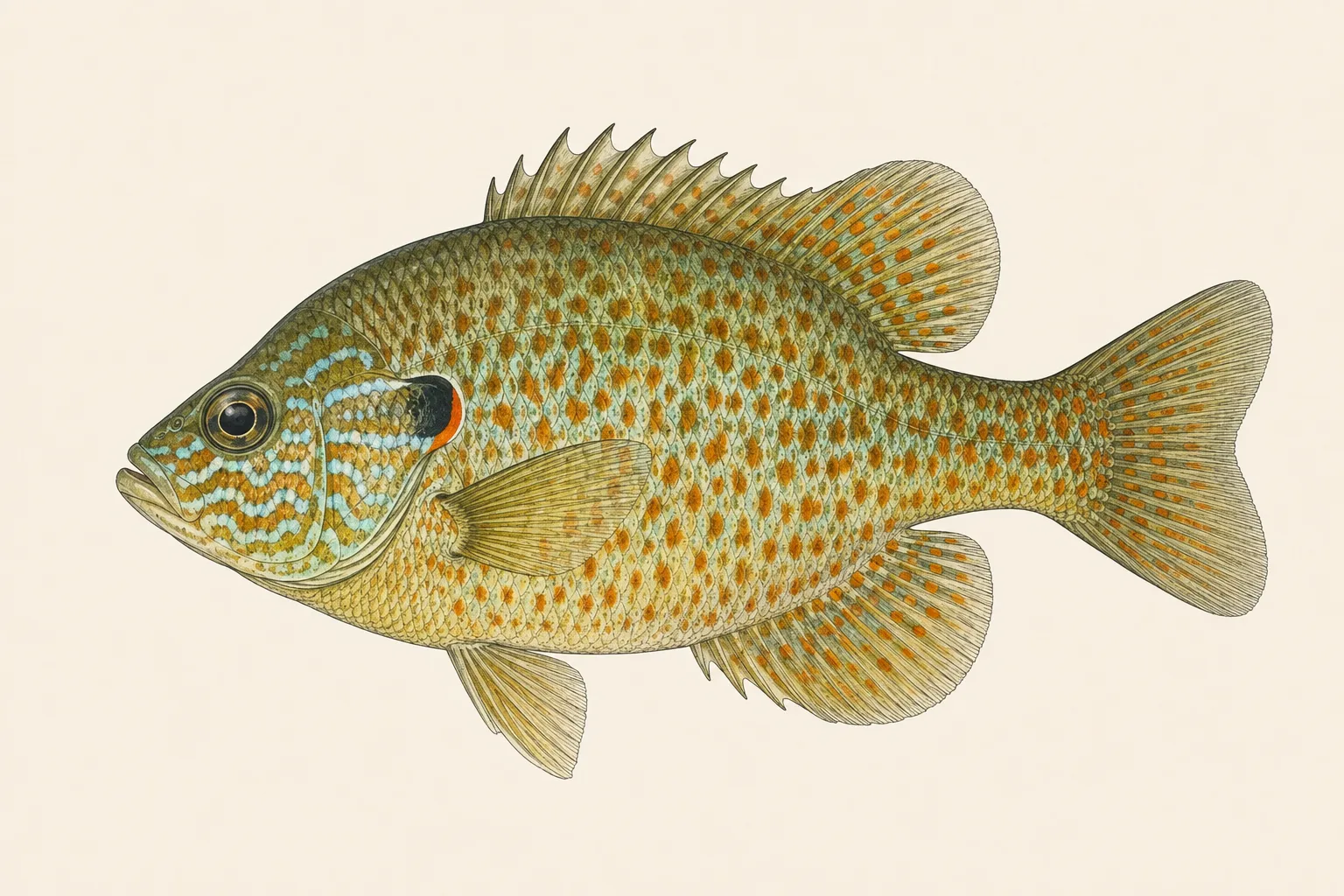 Pumpkinseed Sunfish (Lepomis gibbosus), illustrated in profile with the head facing left.