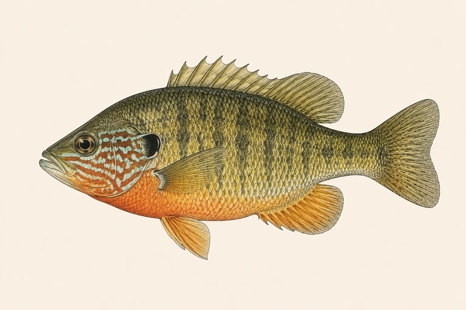 Redbreast Sunfish (Lepomis auritus), illustrated in profile with the head facing left.