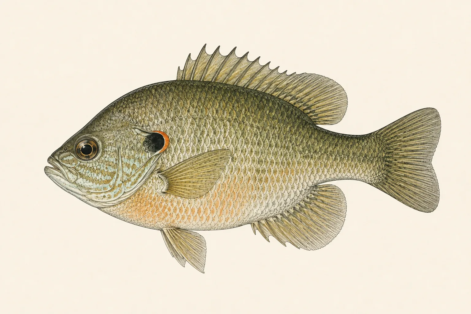 Redear Sunfish (Lepomis microlophus), illustrated in profile with the head facing left.