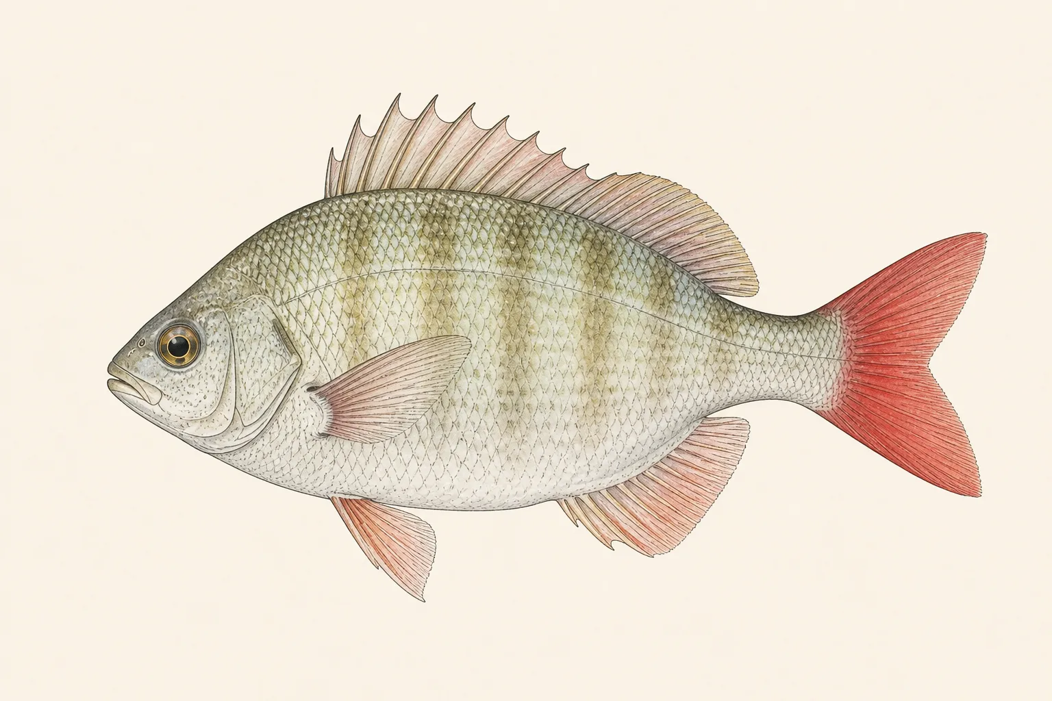 Redtail Surfperch (Amphistichus rhodoterus), illustrated in profile with the head facing left.