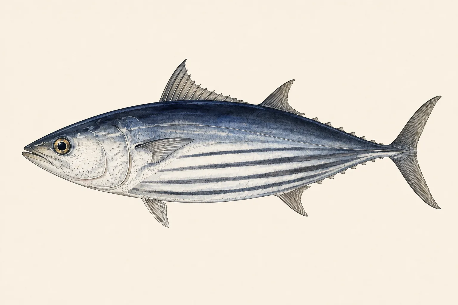 Skipjack Tuna (Katsuwonus pelamis), illustrated in profile with the head facing left.